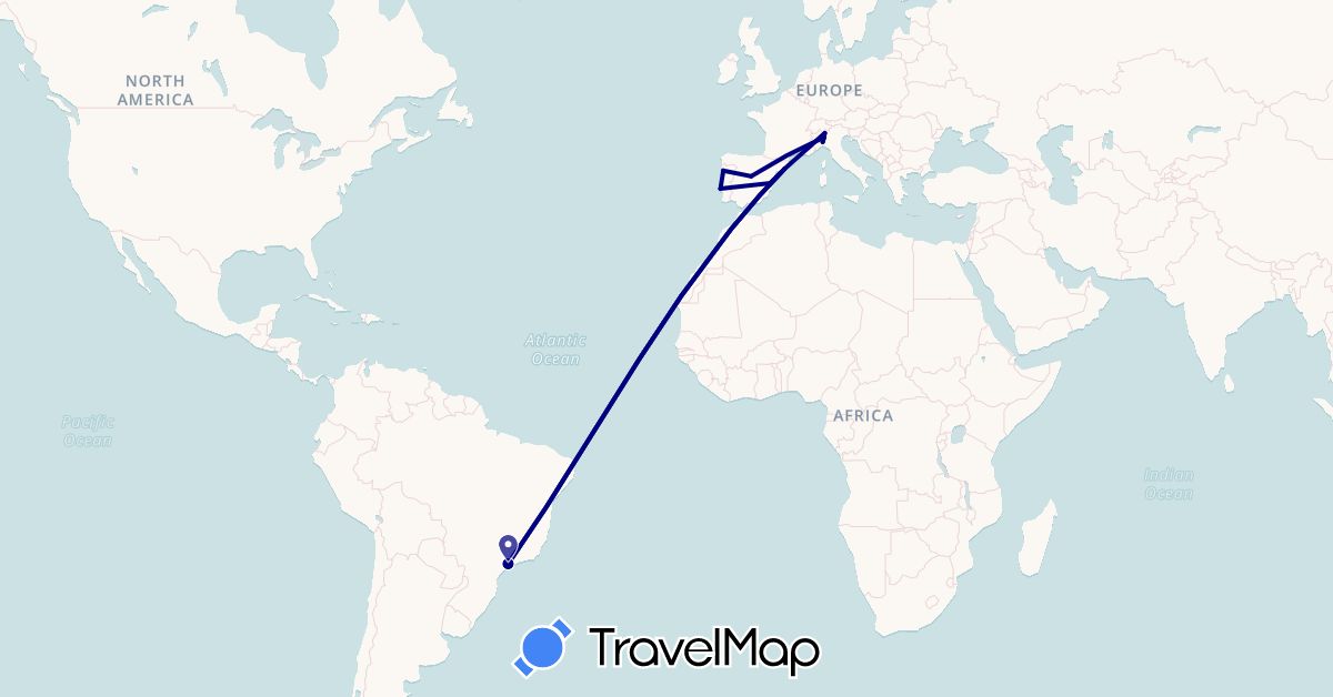 TravelMap itinerary: driving in Brazil, Spain, Italy, Portugal (Europe, South America)